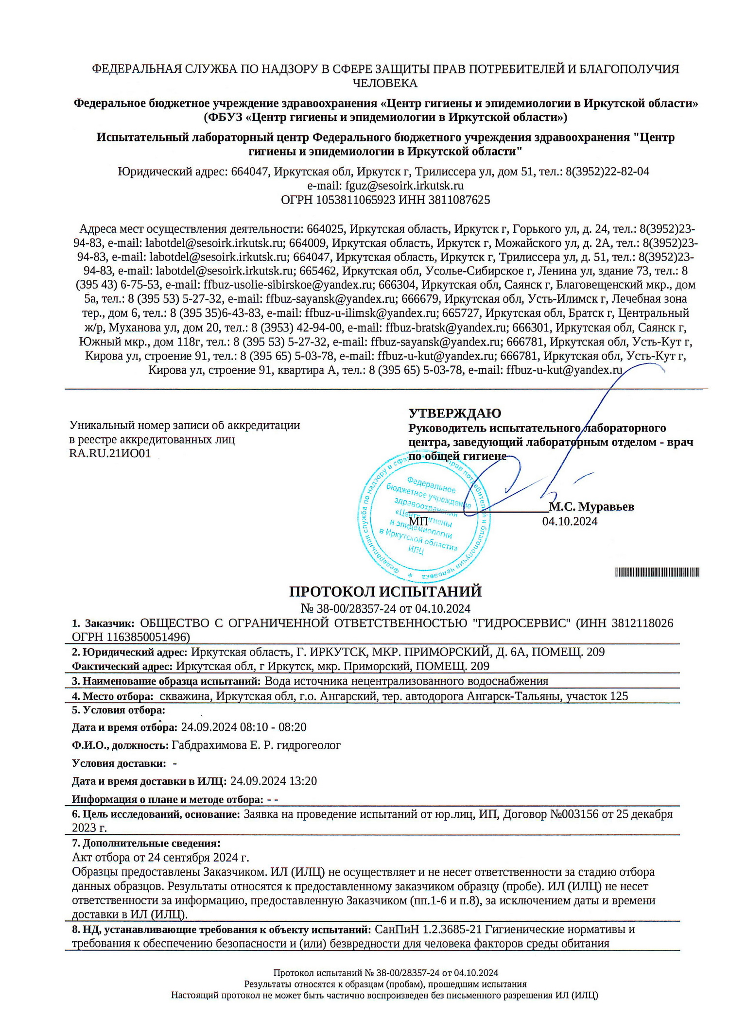 Полный химический анализ воды из скважины по 54 компонентам