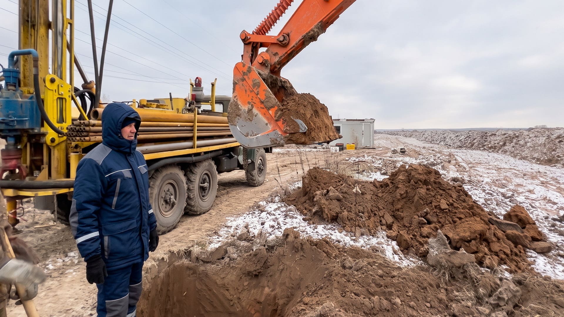 Подготовка площадки под бурение промышленной скважины: формирование зумпфа экскаватором